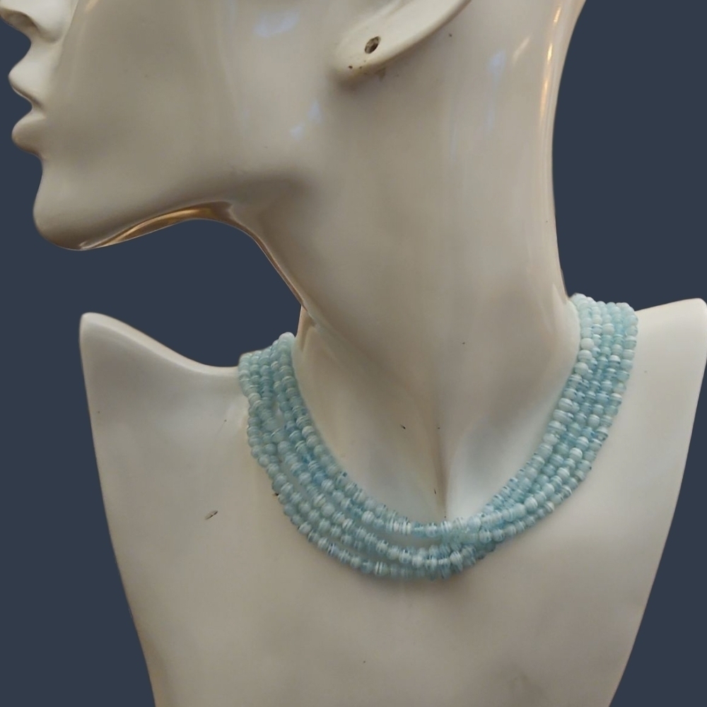 Vintage Icy Blue Swirl Czech Glass Beaded Multi-strand Choker Necklace